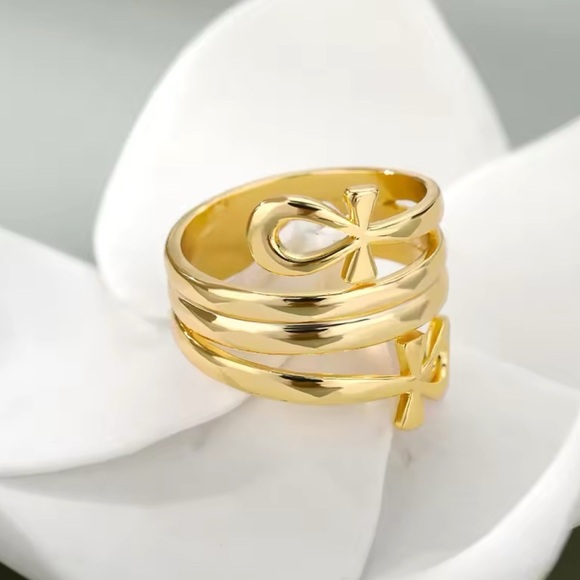 18K Gold Ankh Bohemian Ancient Egyptian Symbol Key Of Life Wide Ring - Picture 5 of 7